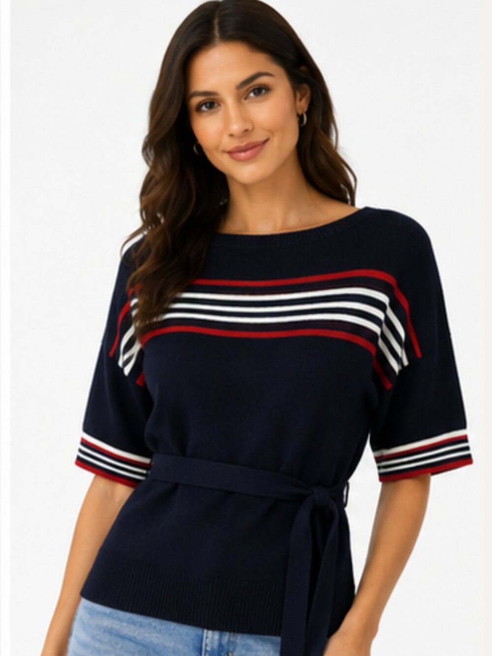 Knitivo Navy Striped Boat Neck Tie Waist Sweater Top Medium